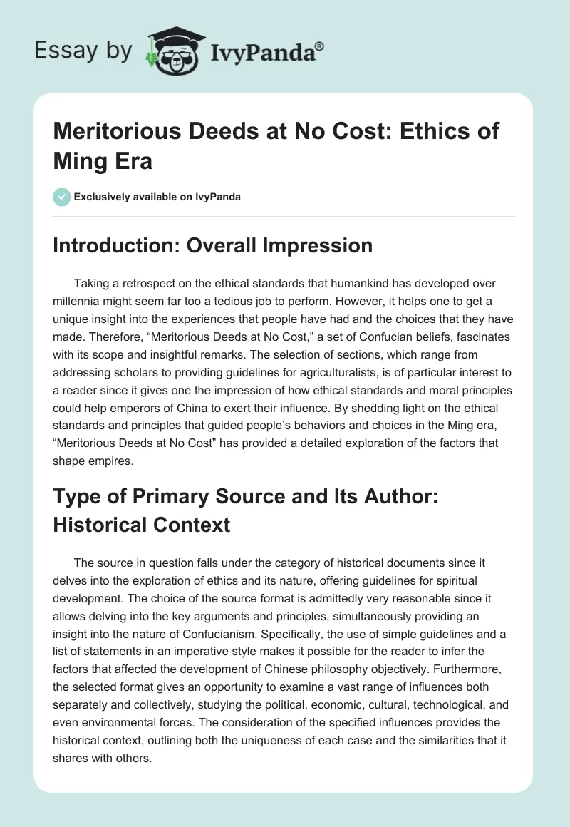 Meritorious Deeds at No Cost: Ethics of Ming Era. Page 1