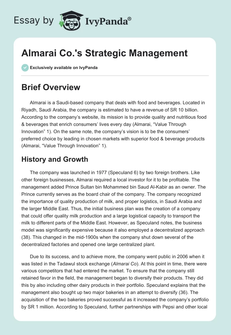 Almarai Co.'s Strategic Management. Page 1