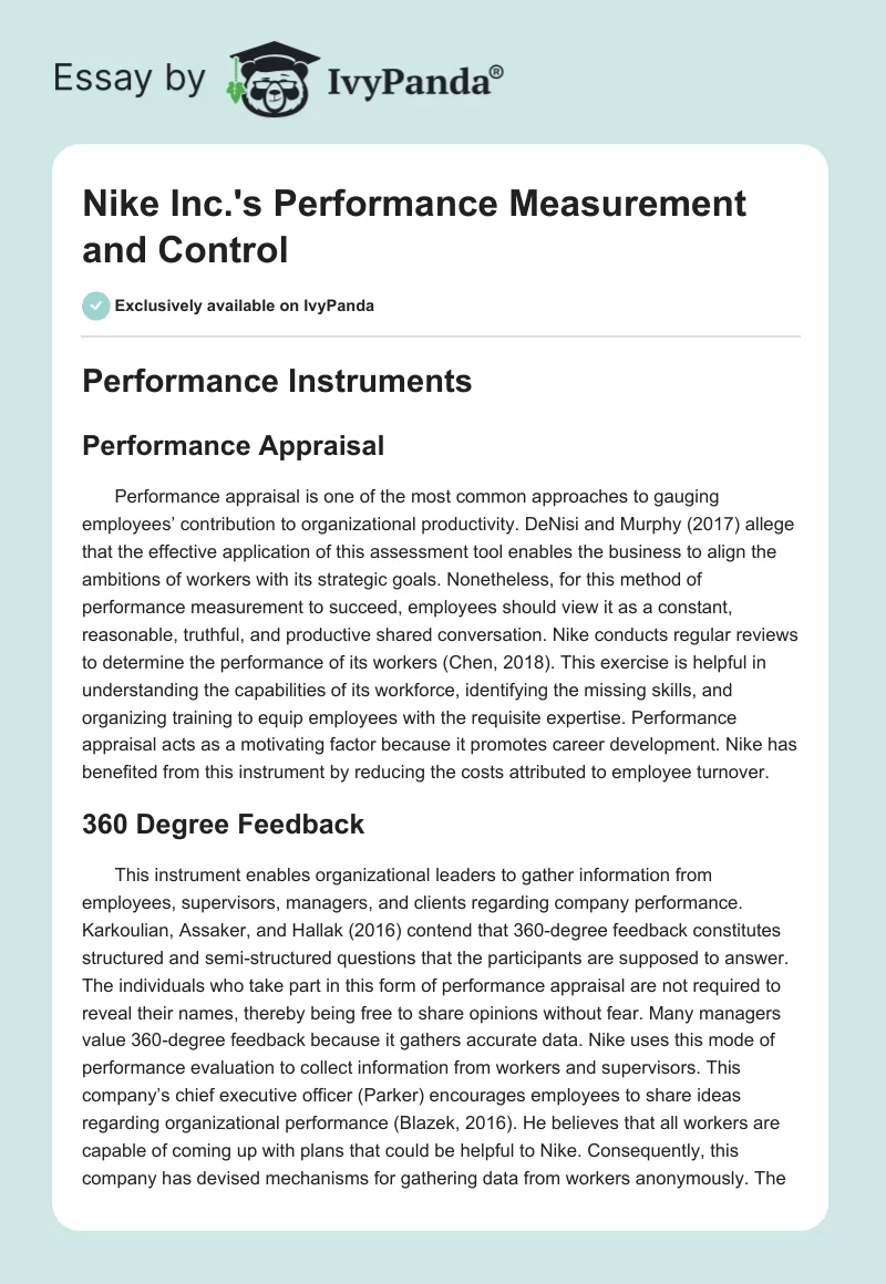 Nike Inc.'s Performance Measurement and Control. Page 1