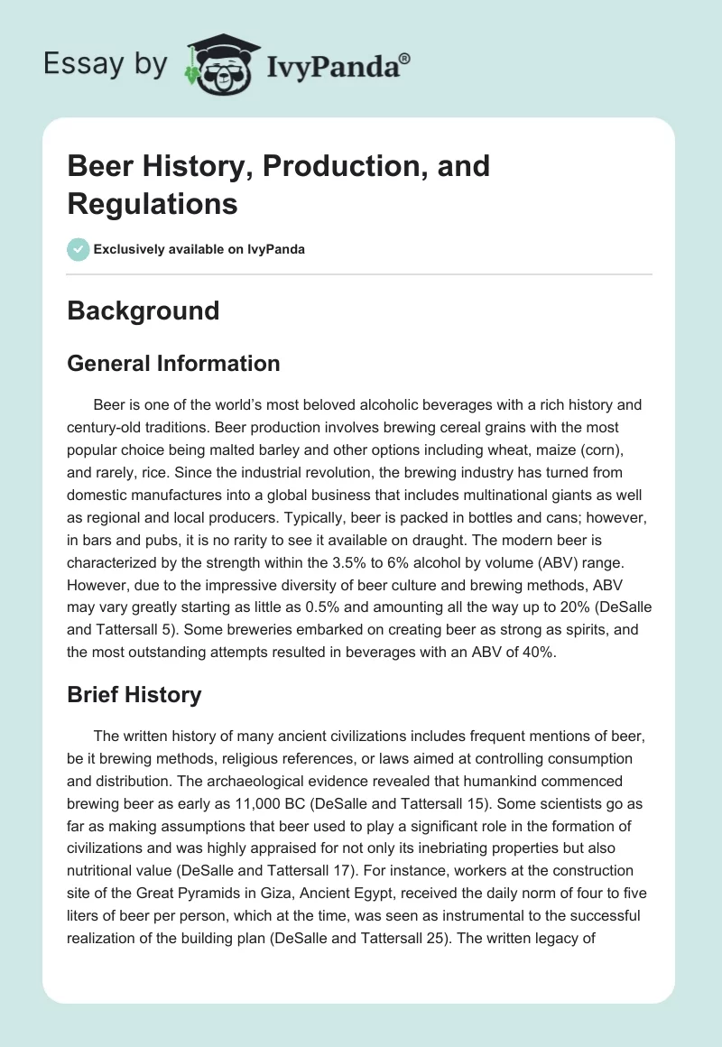 Beer History, Production, and Regulations. Page 1