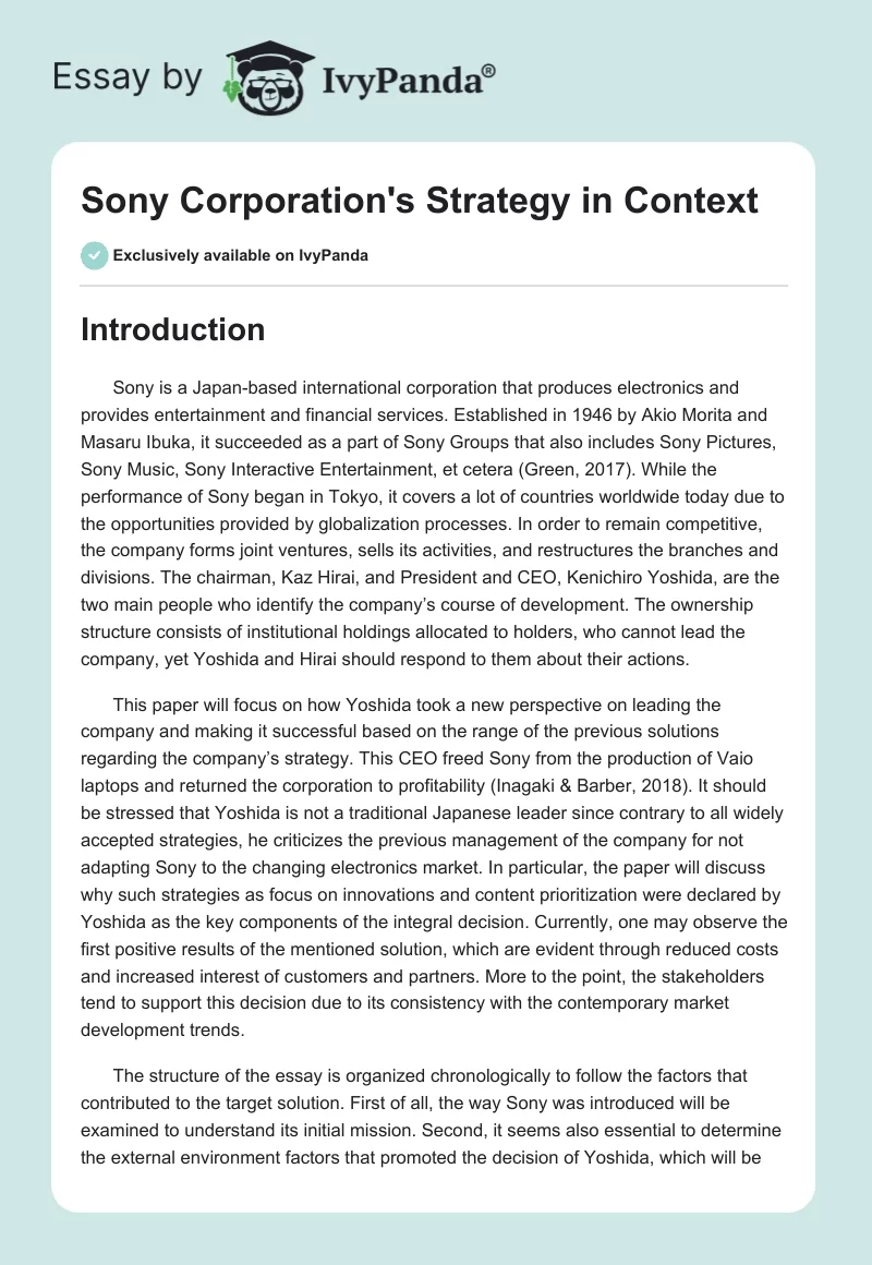 Sony Corporation's Strategy in Context. Page 1