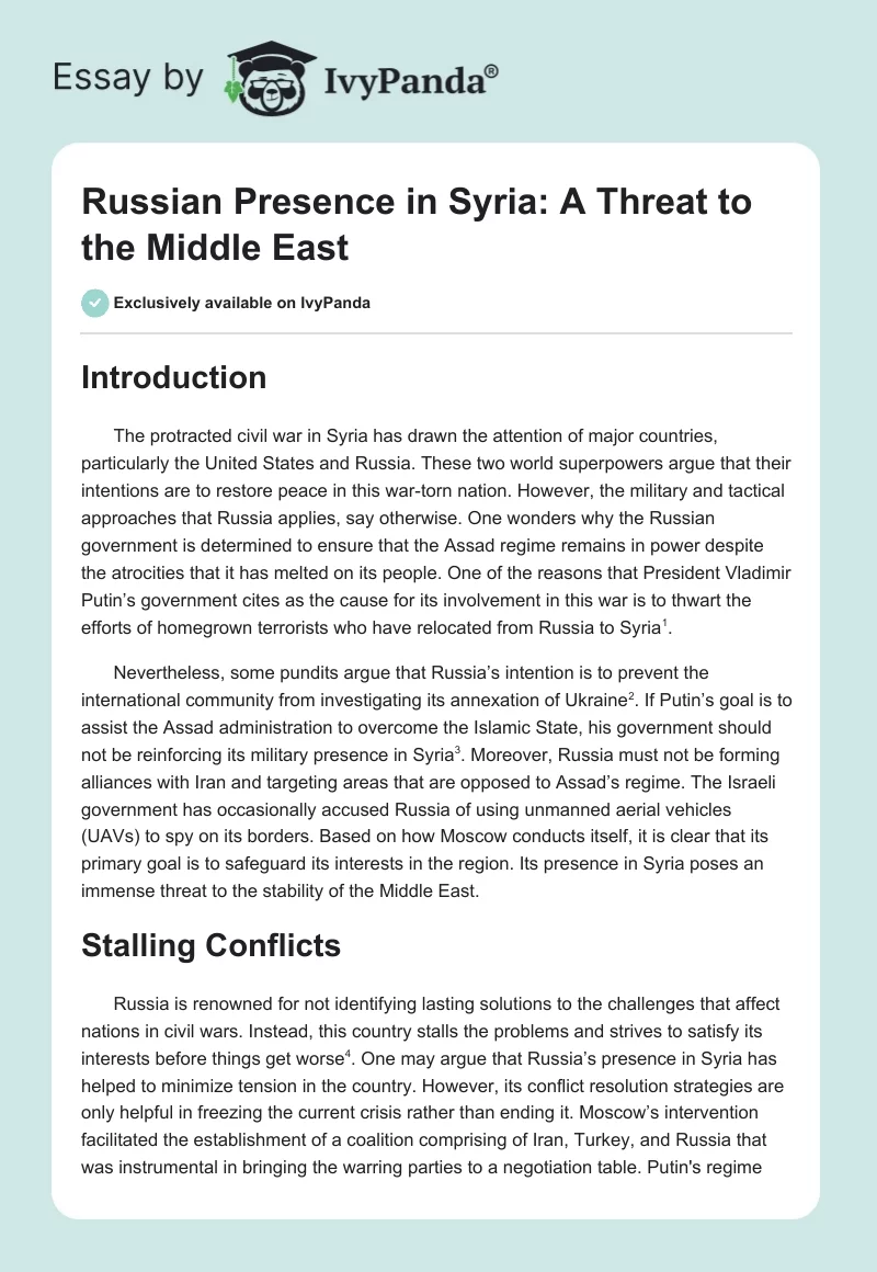 Russian Presence in Syria: A Threat to the Middle East. Page 1