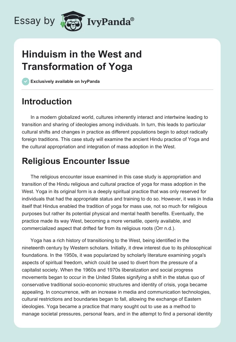 Hinduism in the West and Transformation of Yoga. Page 1