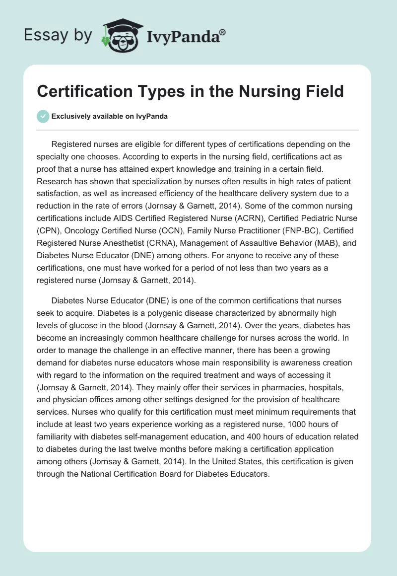 Certification Types in the Nursing Field 332 Words Essay Example