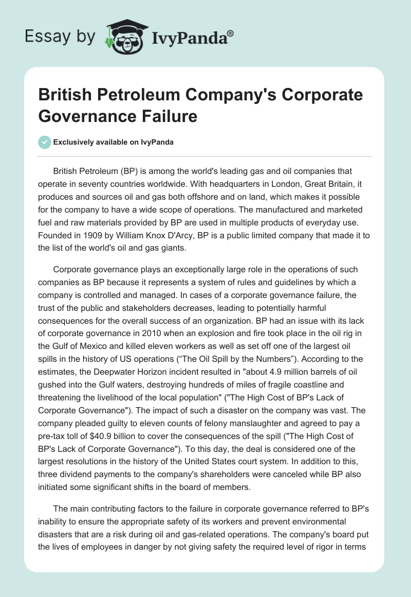 British Petroleum Company's Corporate Governance Failure. Page 1