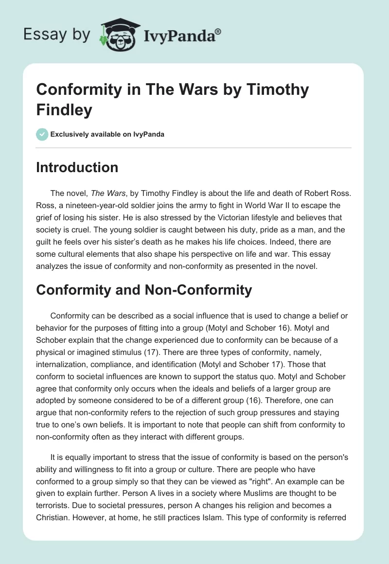 Conformity in "The Wars" by Timothy Findley. Page 1