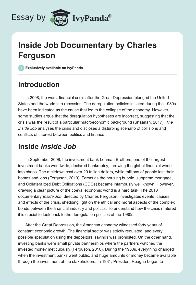 "Inside Job" Documentary by Charles Ferguson. Page 1