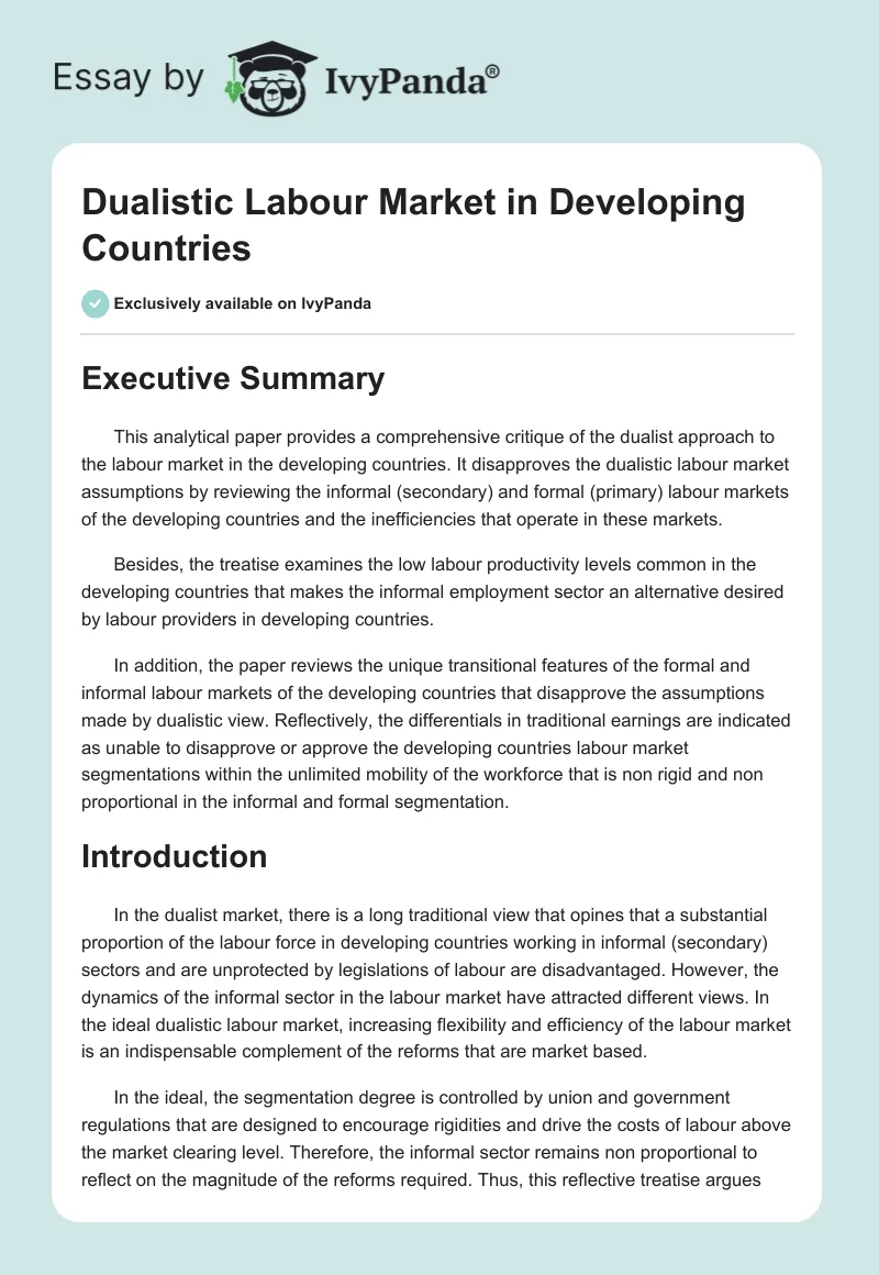 Dualistic Labour Market in Developing Countries. Page 1