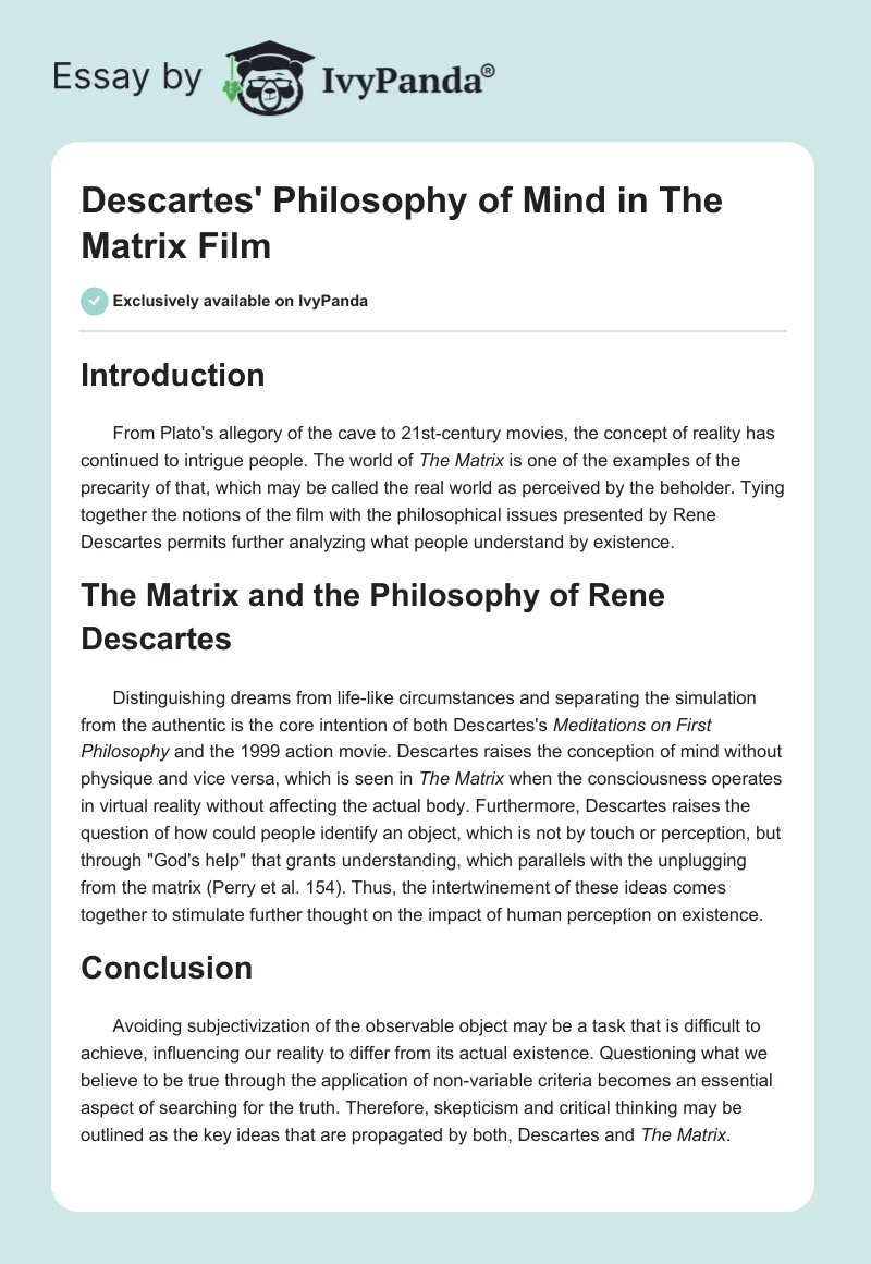 Descartes #39 Philosophy of Mind in quot The Matrix quot Film 260 Words Essay