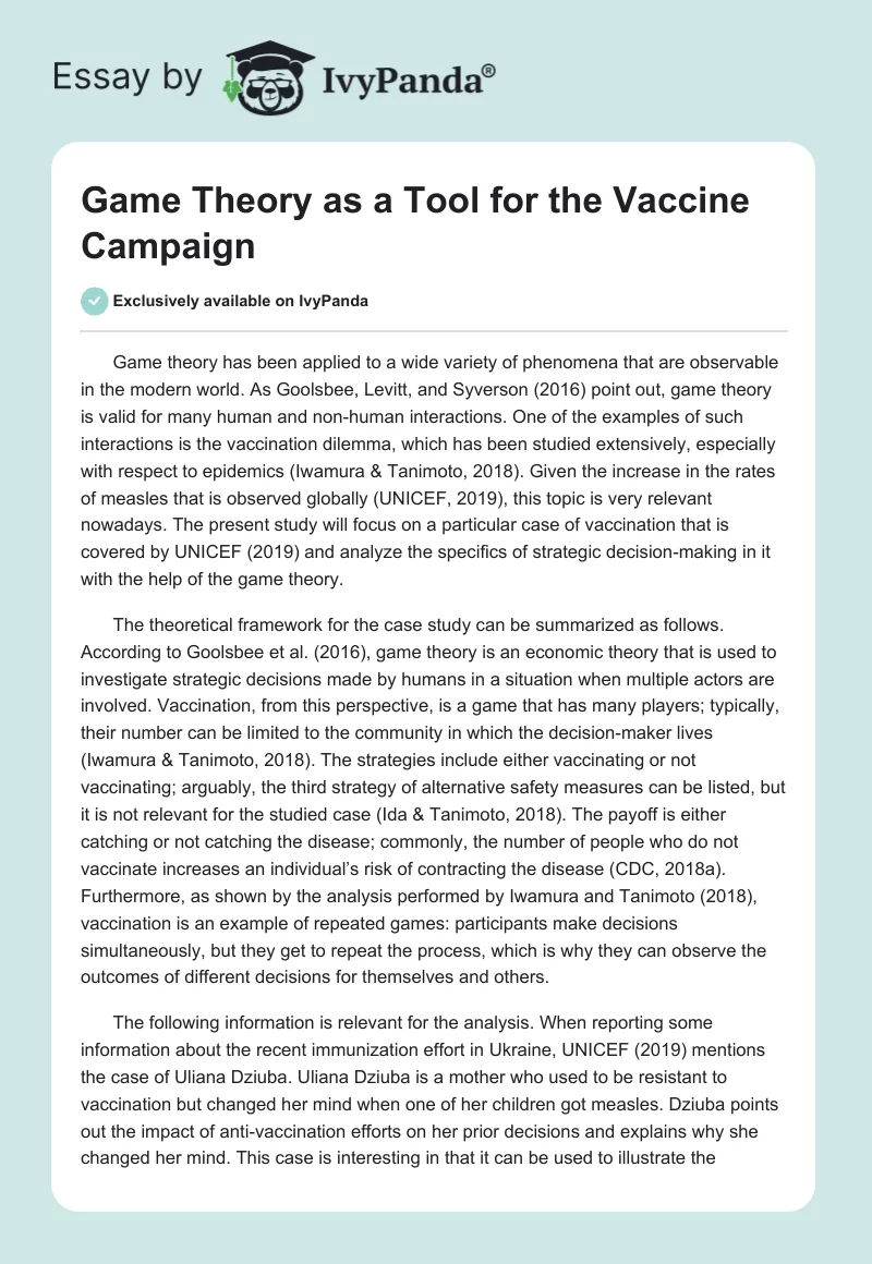 Game Theory as a Tool for the Vaccine Campaign. Page 1