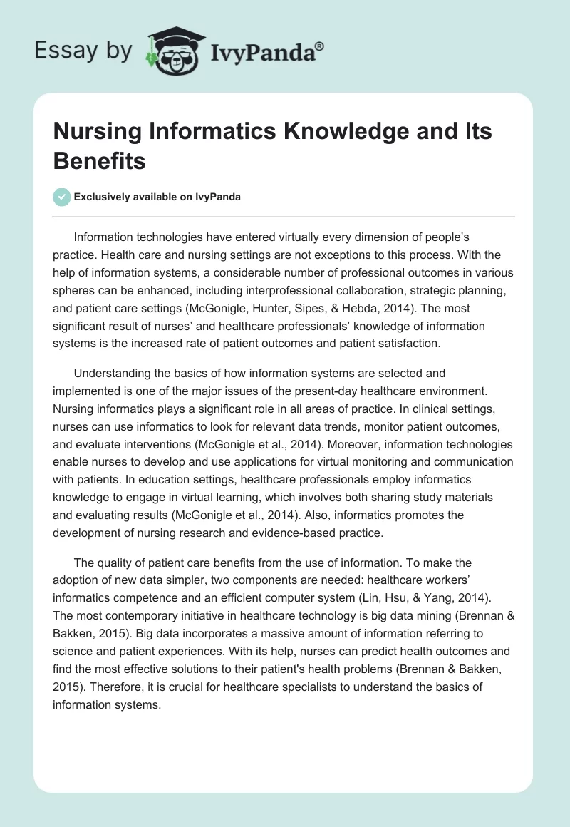 Nursing Informatics Knowledge and Its Benefits. Page 1