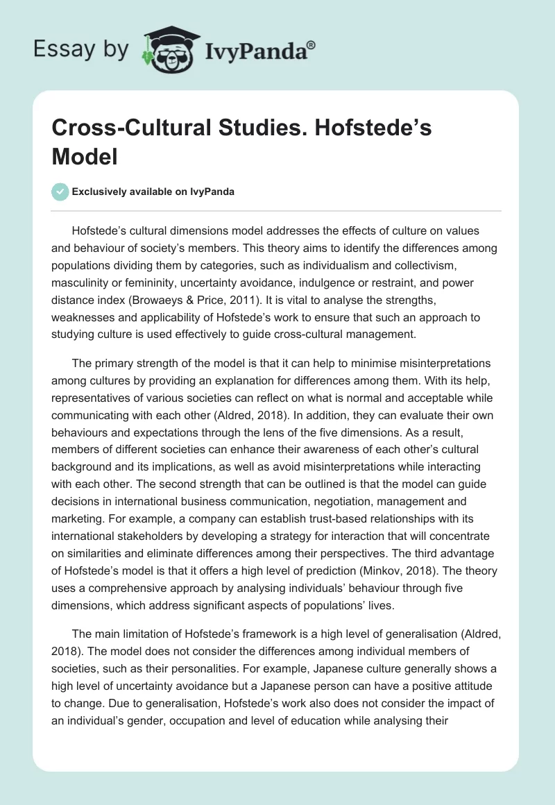 Cross-Cultural Studies. Hofstede’s Model. Page 1