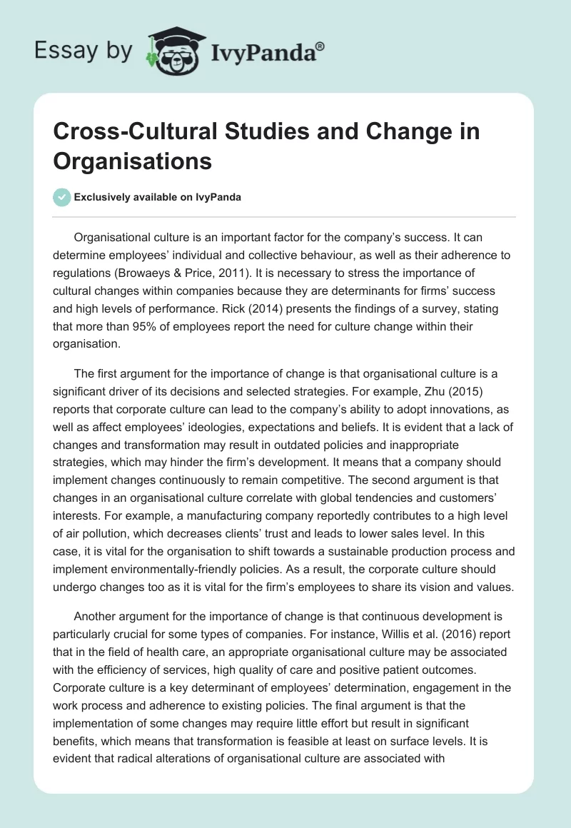 Cross-Cultural Studies and Change in Organisations. Page 1