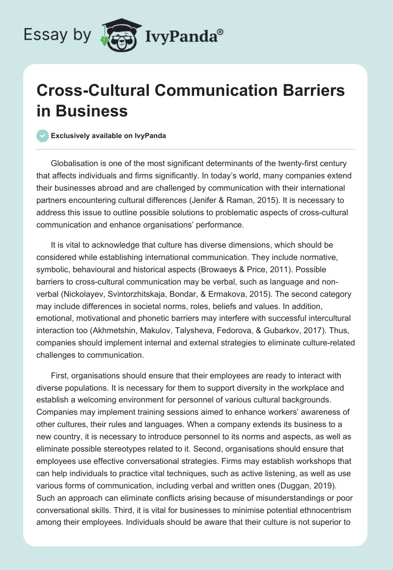 Cross-Cultural Communication Barriers in Business. Page 1