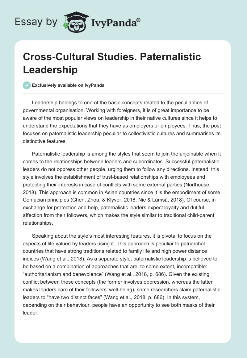 Cross-Cultural Studies. Paternalistic Leadership. Page 1