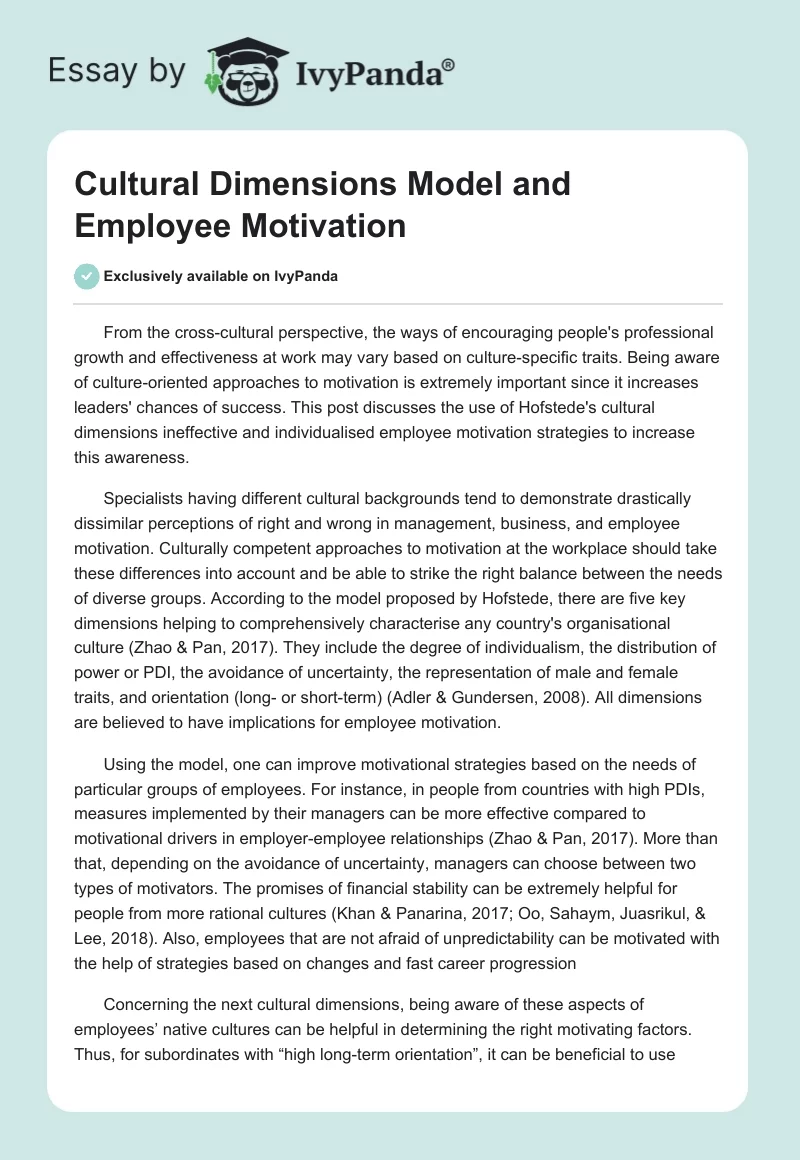 Cultural Dimensions Model and Employee Motivation. Page 1