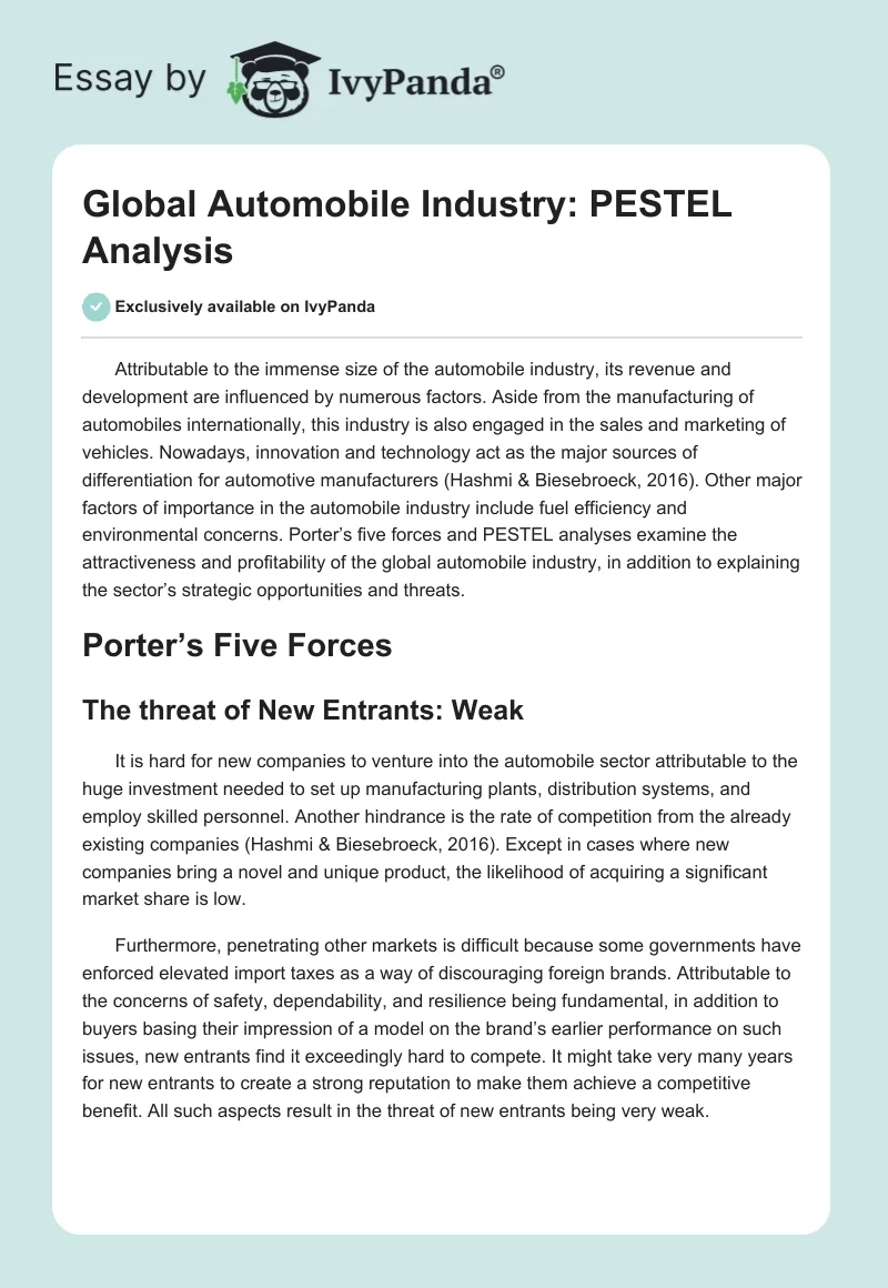 Global Automobile Industry: PESTEL Analysis. Page 1