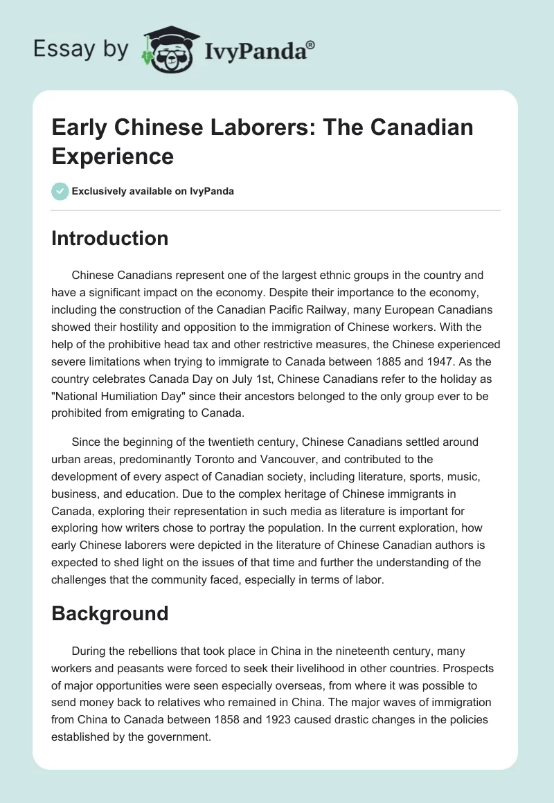 Early Chinese Laborers: The Canadian Experience. Page 1