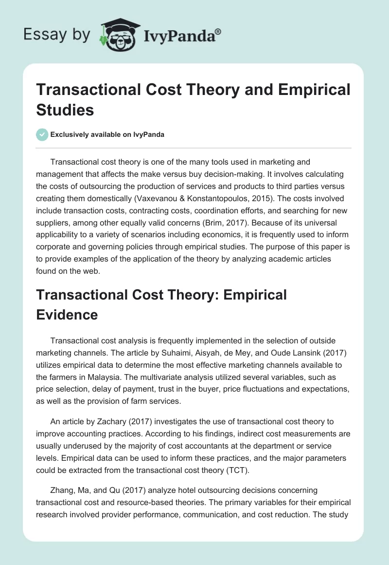 Transactional Cost Theory and Empirical Studies. Page 1