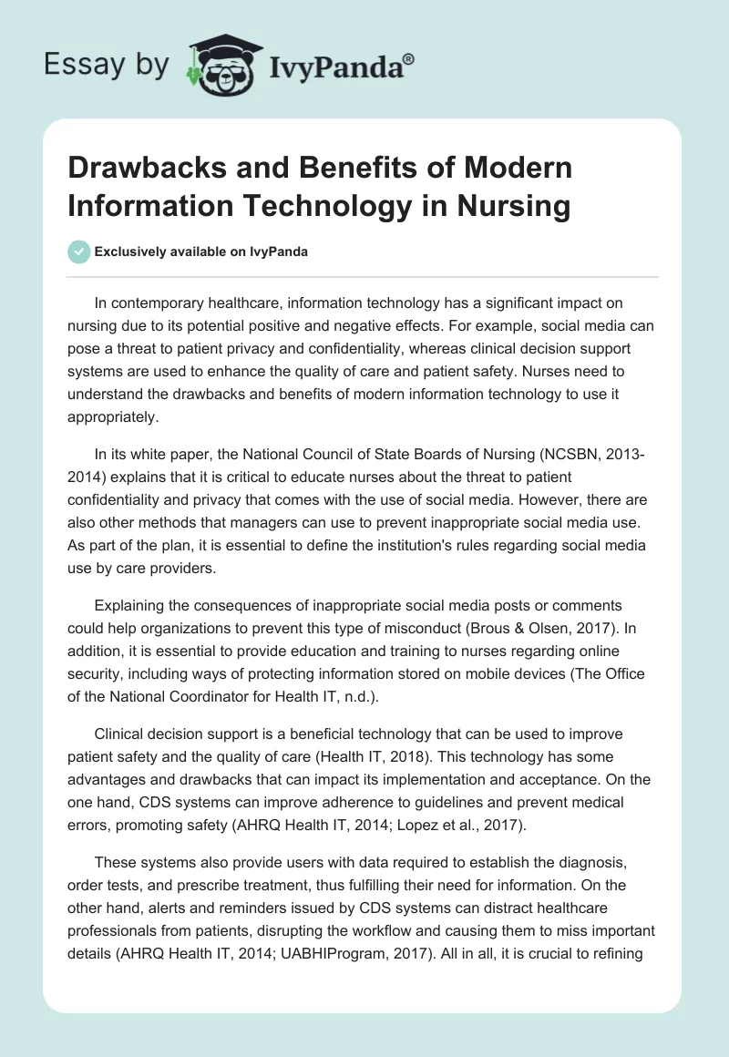 Drawbacks and Benefits of Modern Information Technology in Nursing. Page 1