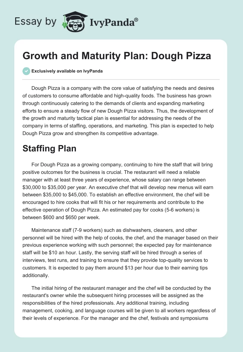 Growth and Maturity Plan: Dough Pizza. Page 1