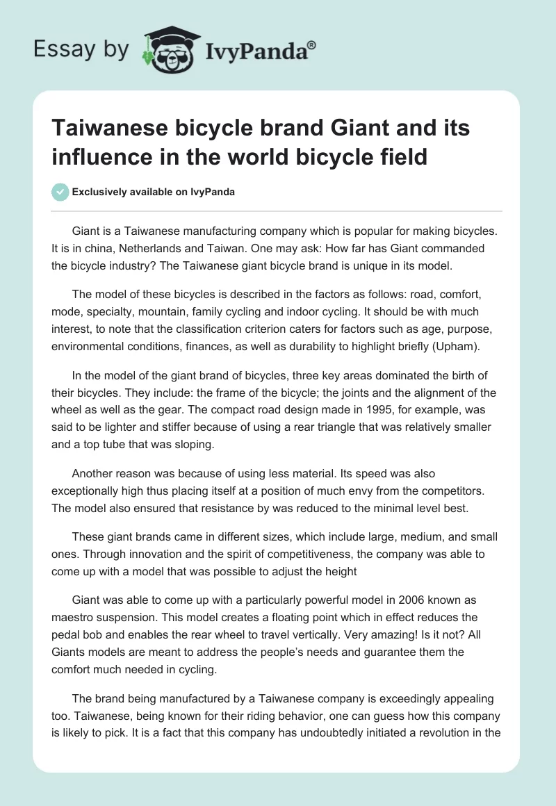 Taiwanese bicycle brand "Giant" and its influence in the world bicycle field. Page 1