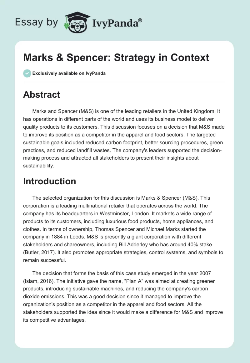 Marks & Spencer: Strategy in Context. Page 1