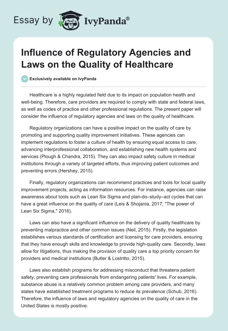 Influence of Regulatory Agencies and Laws on the Quality of Healthcare. Page 1