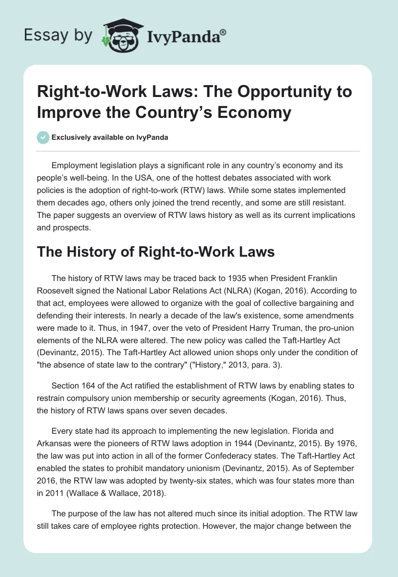 Right-to-Work Laws: The Opportunity to Improve the Country’s Economy. Page 1
