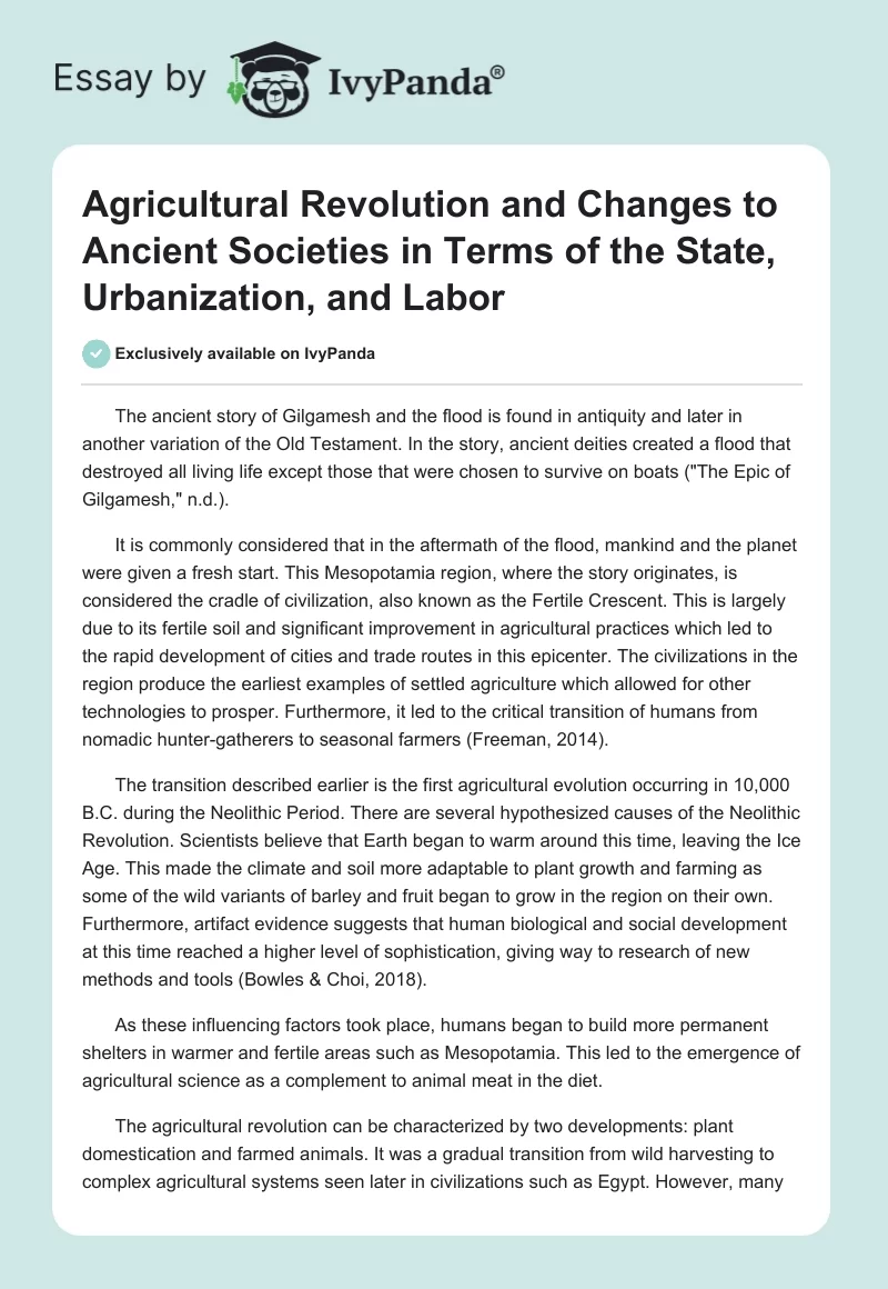 Agricultural Revolution and Changes to Ancient Societies in Terms of the State, Urbanization, and Labor. Page 1