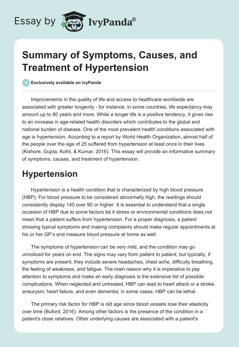 Summary of Symptoms, Causes, and Treatment of Hypertension. Page 1