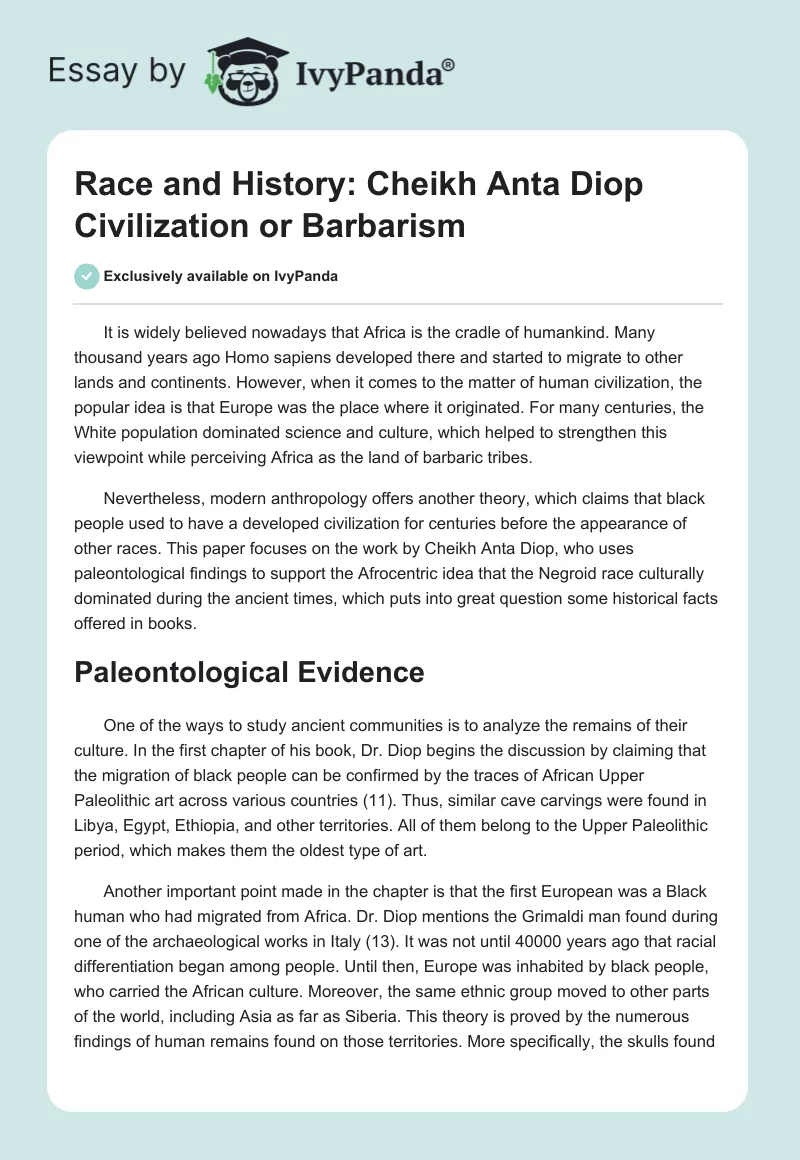 Race and History: Cheikh Anta Diop "Civilization or Barbarism". Page 1