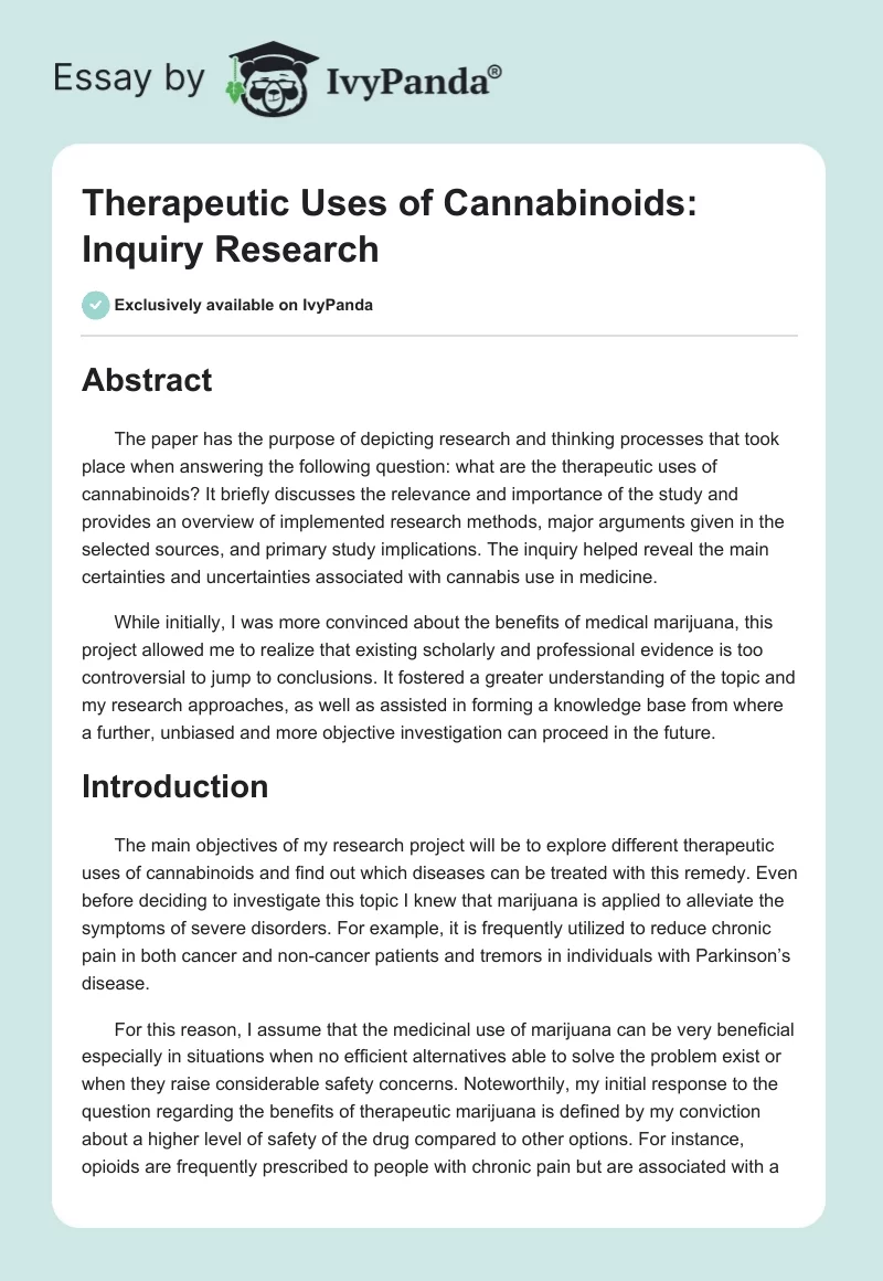 Therapeutic Uses of Cannabinoids: Inquiry Research. Page 1