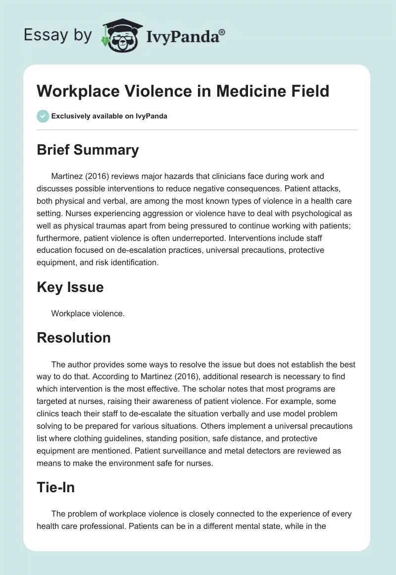 Workplace Violence in Medicine Field. Page 1