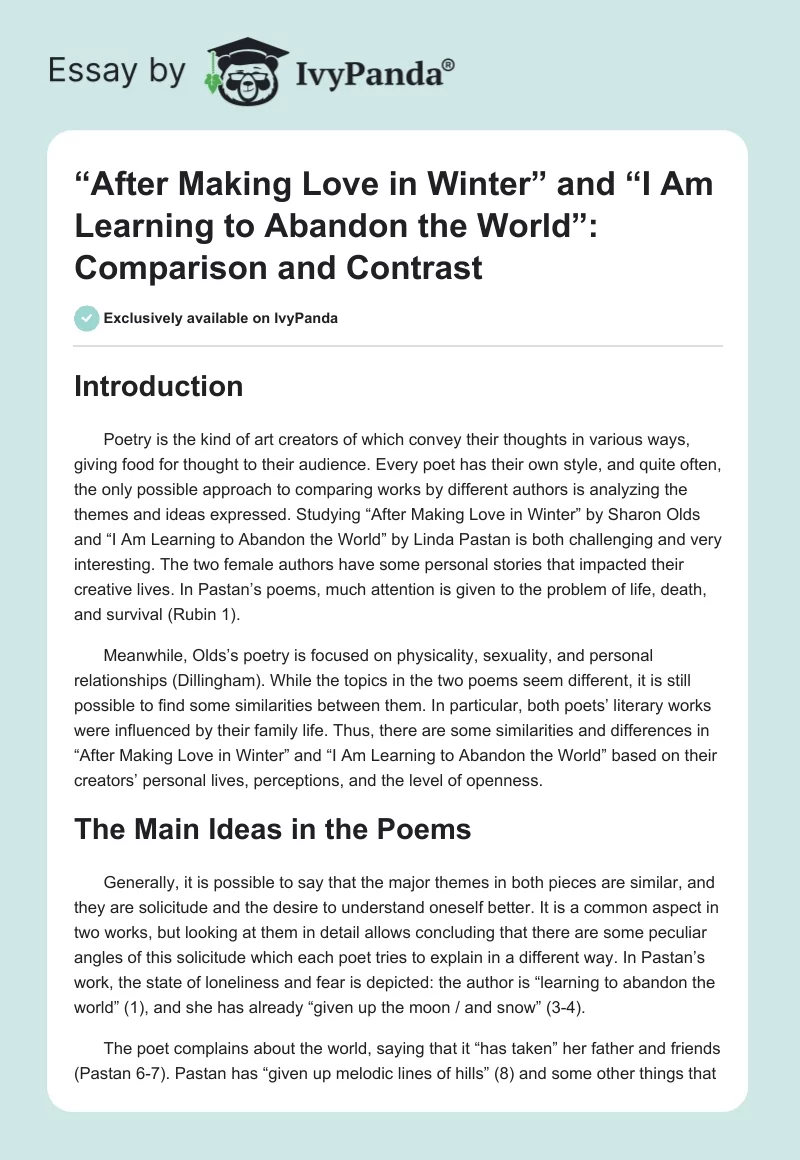 “After Making Love in Winter” and “I Am Learning to Abandon the World”: Comparison and Contrast. Page 1