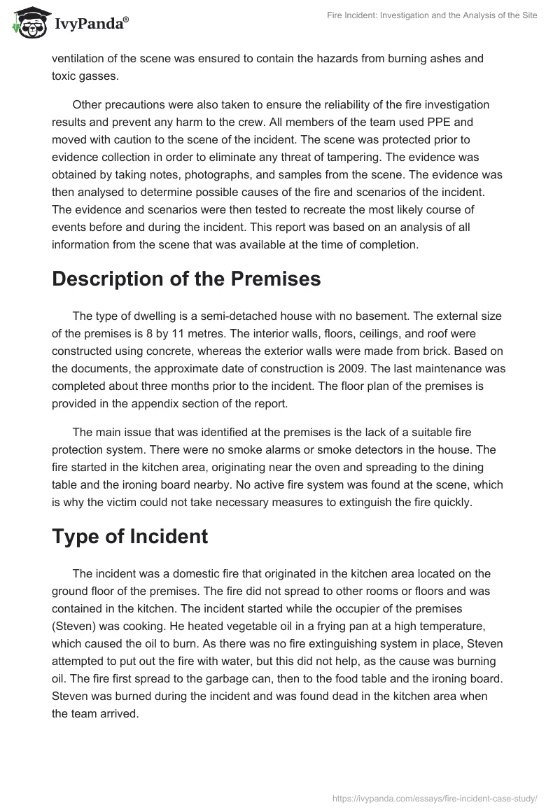 Fire Incident: Investigation and the Analysis of the Site. Page 2