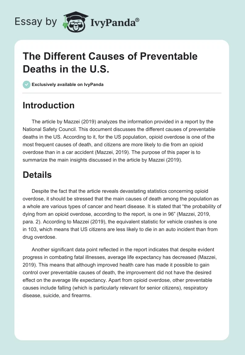 The Different Causes of Preventable Deaths in the U.S.. Page 1