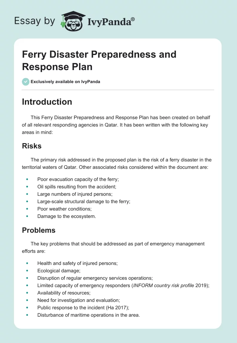 Ferry Disaster Preparedness and Response Plan. Page 1