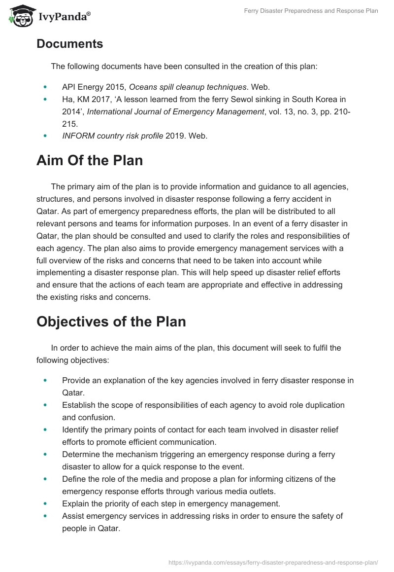 Ferry Disaster Preparedness and Response Plan - 3202 Words | Assessment ...