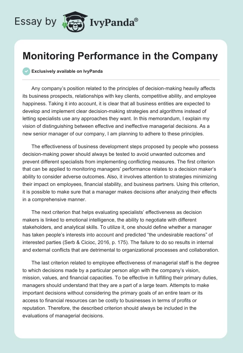 Monitoring Performance in the Company. Page 1