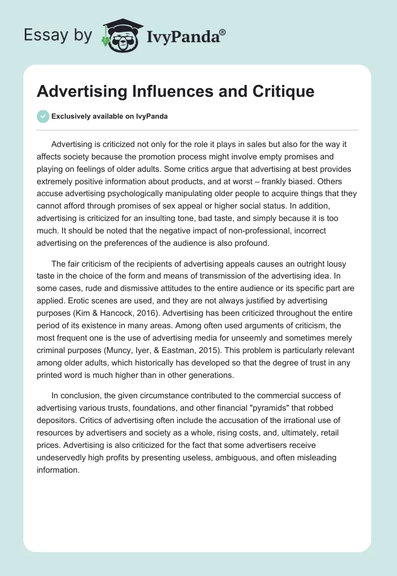 Advertising Influences and Critique. Page 1
