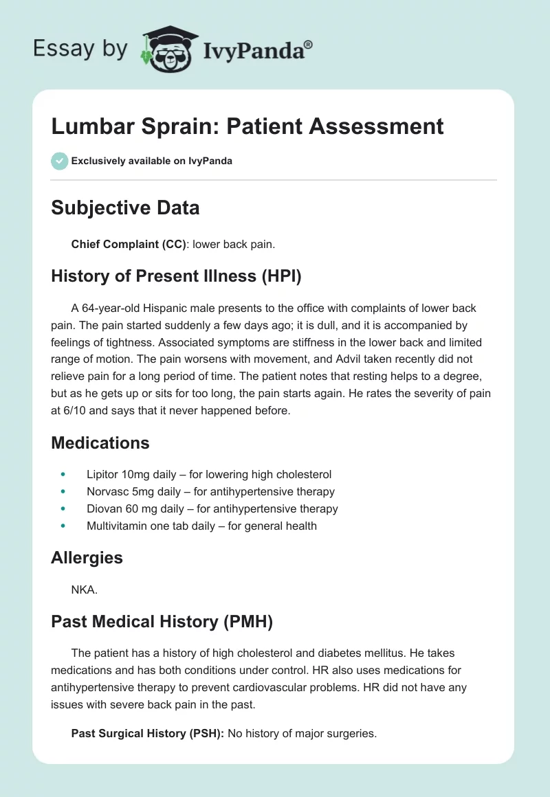 Lumbar Sprain: Patient Assessment. Page 1