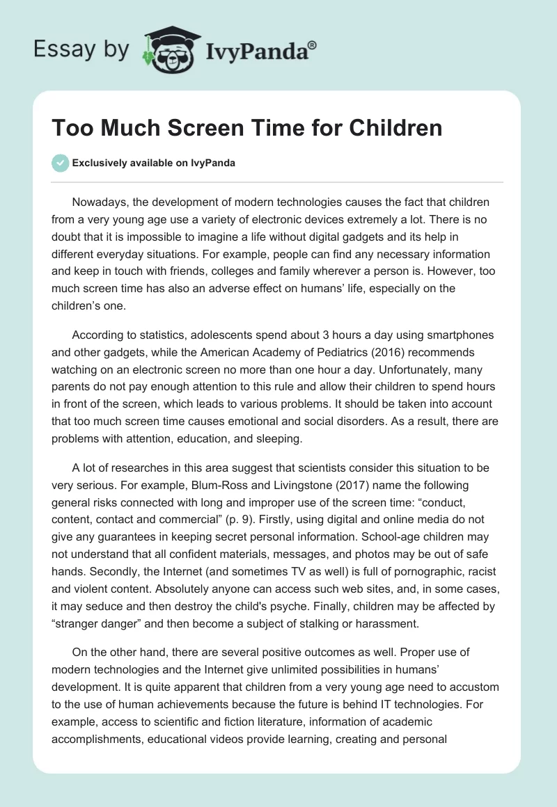 Too Much Screen Time for Children. Page 1