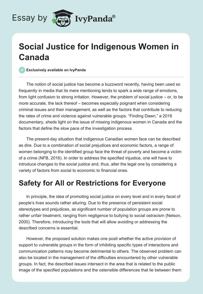 Social Justice for Indigenous Women in Canada. Page 1