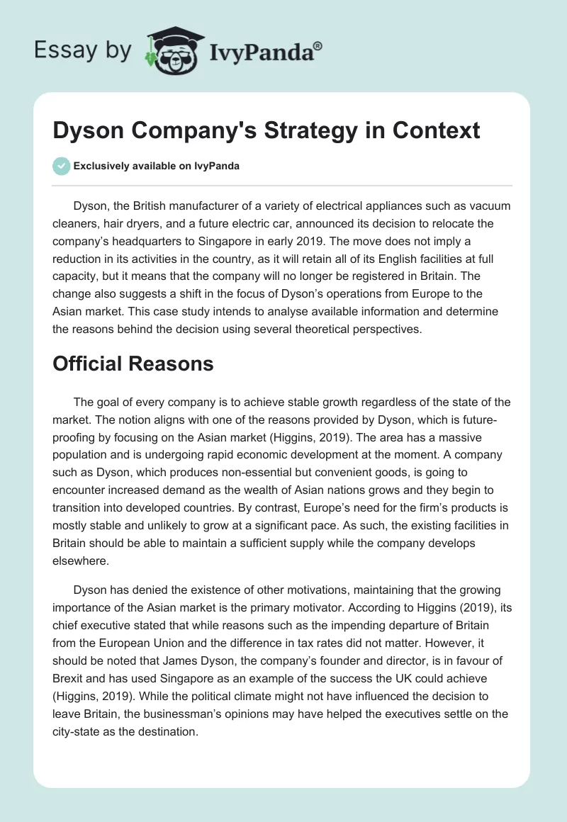 Dyson Company's Strategy in Context. Page 1