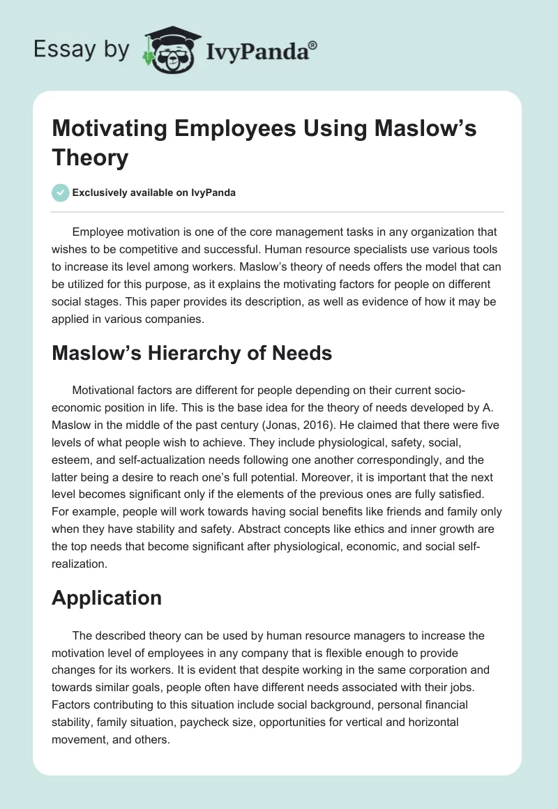 Motivating Employees Using Maslow’s Theory. Page 1
