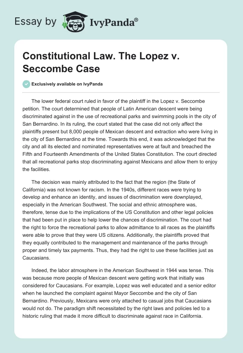 Constitutional Law. The Lopez v. Seccombe Case. Page 1