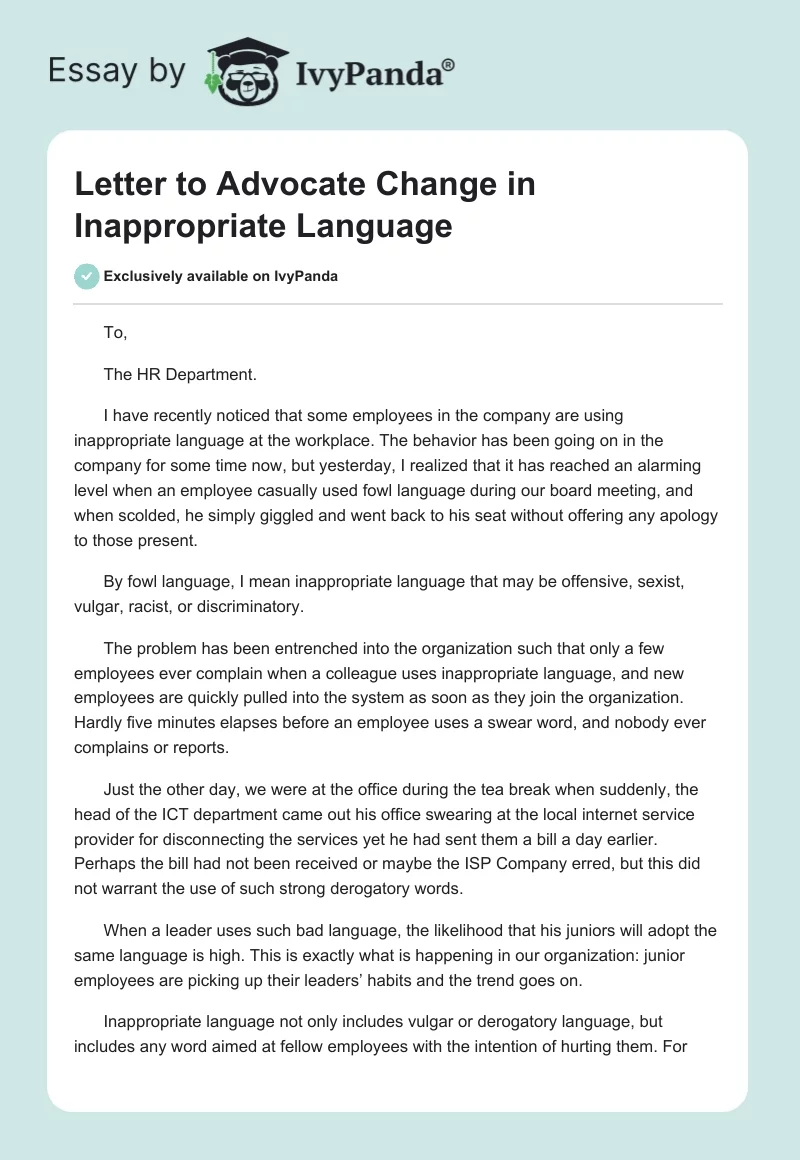 Letter to Advocate Change in Inappropriate Language. Page 1