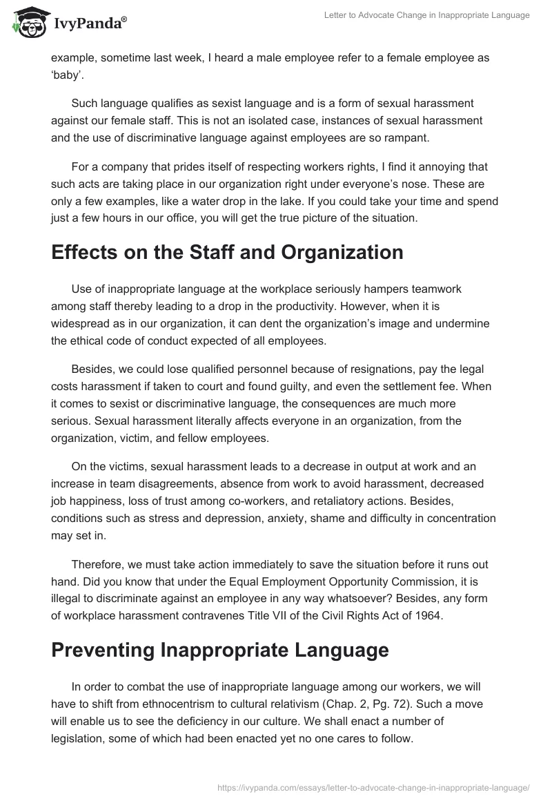 Letter to Advocate Change in Inappropriate Language. Page 2