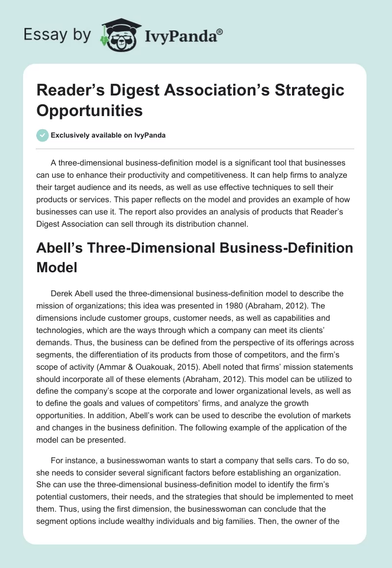 Reader’s Digest Association’s Strategic Opportunities. Page 1